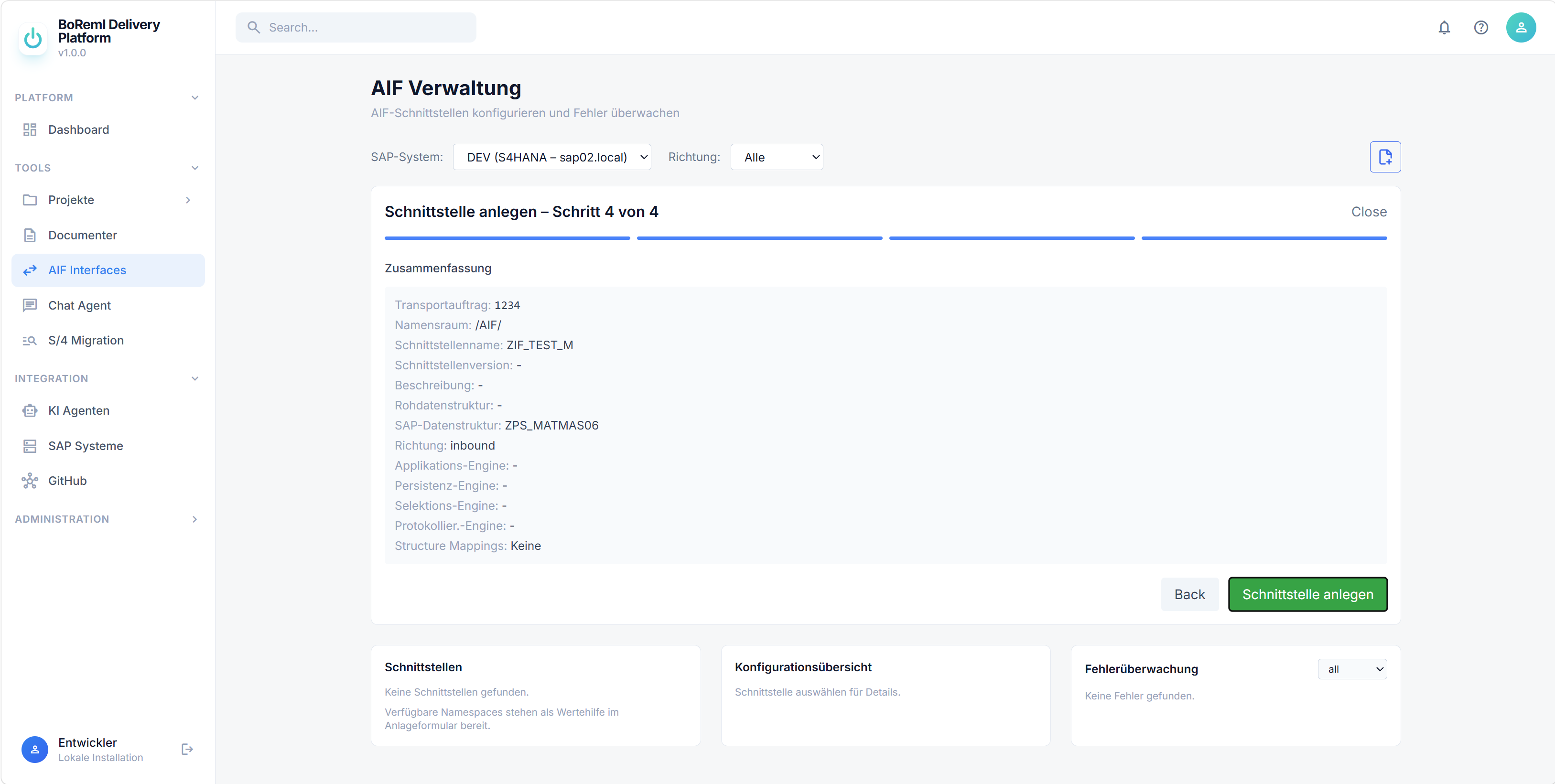 SAP AIF Creator Ergebnisansicht für eine konfigurierte Schnittstelle
