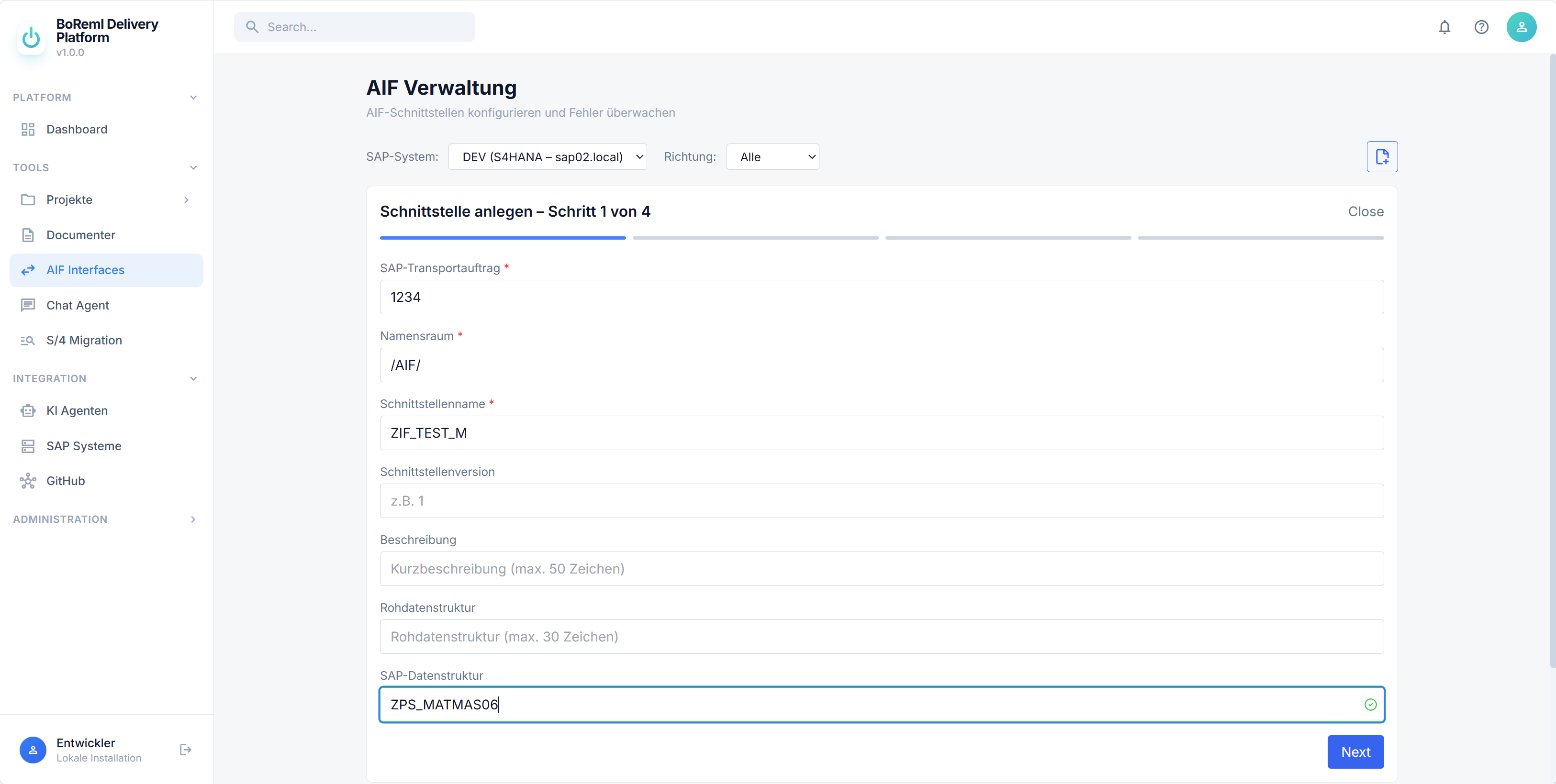 SAP AIF Creator Wizard zur Anlage einer neuen Schnittstelle