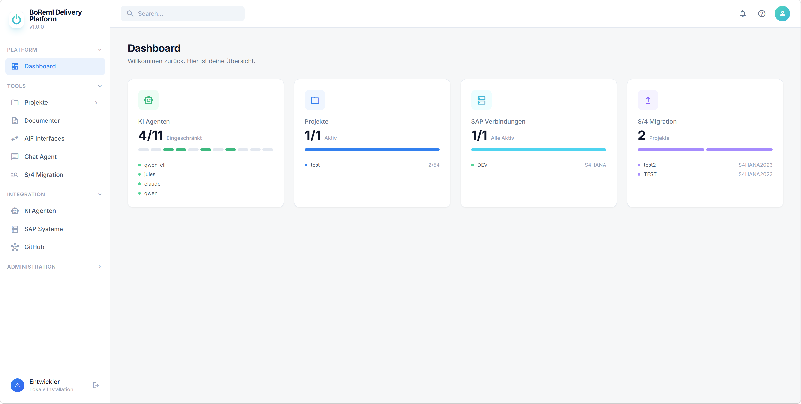 Dashboard der BoRemI Delivery Platform mit Modulen und Projektübersicht