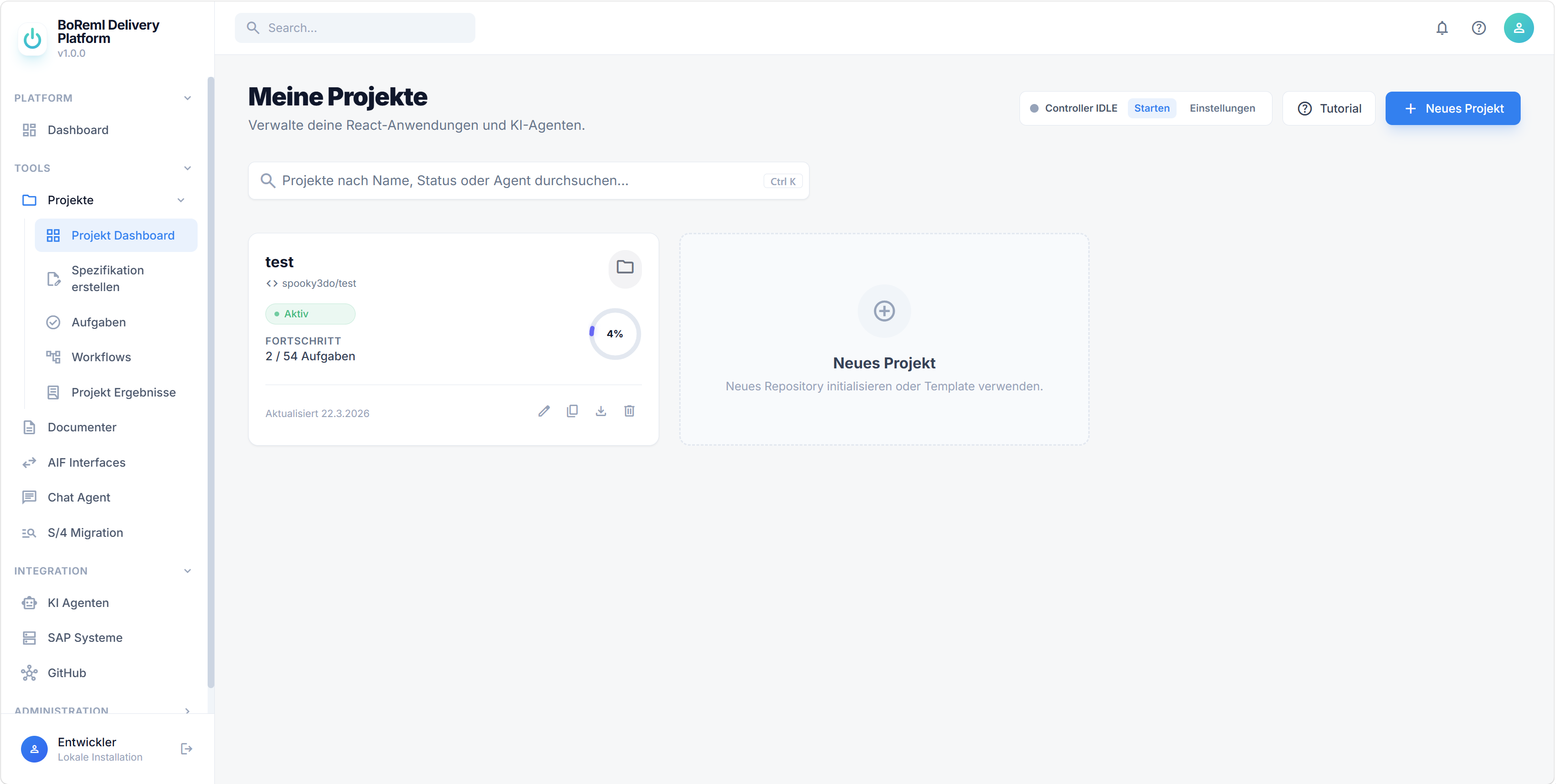 Projekt-Dashboard innerhalb der Delivery Platform
