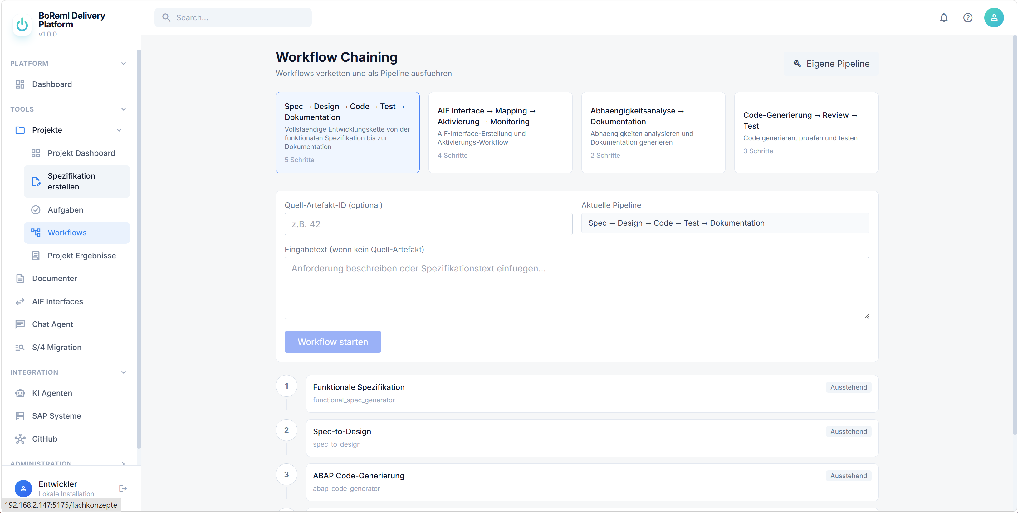 Project Developer Workflow-Ansicht innerhalb der Delivery Platform