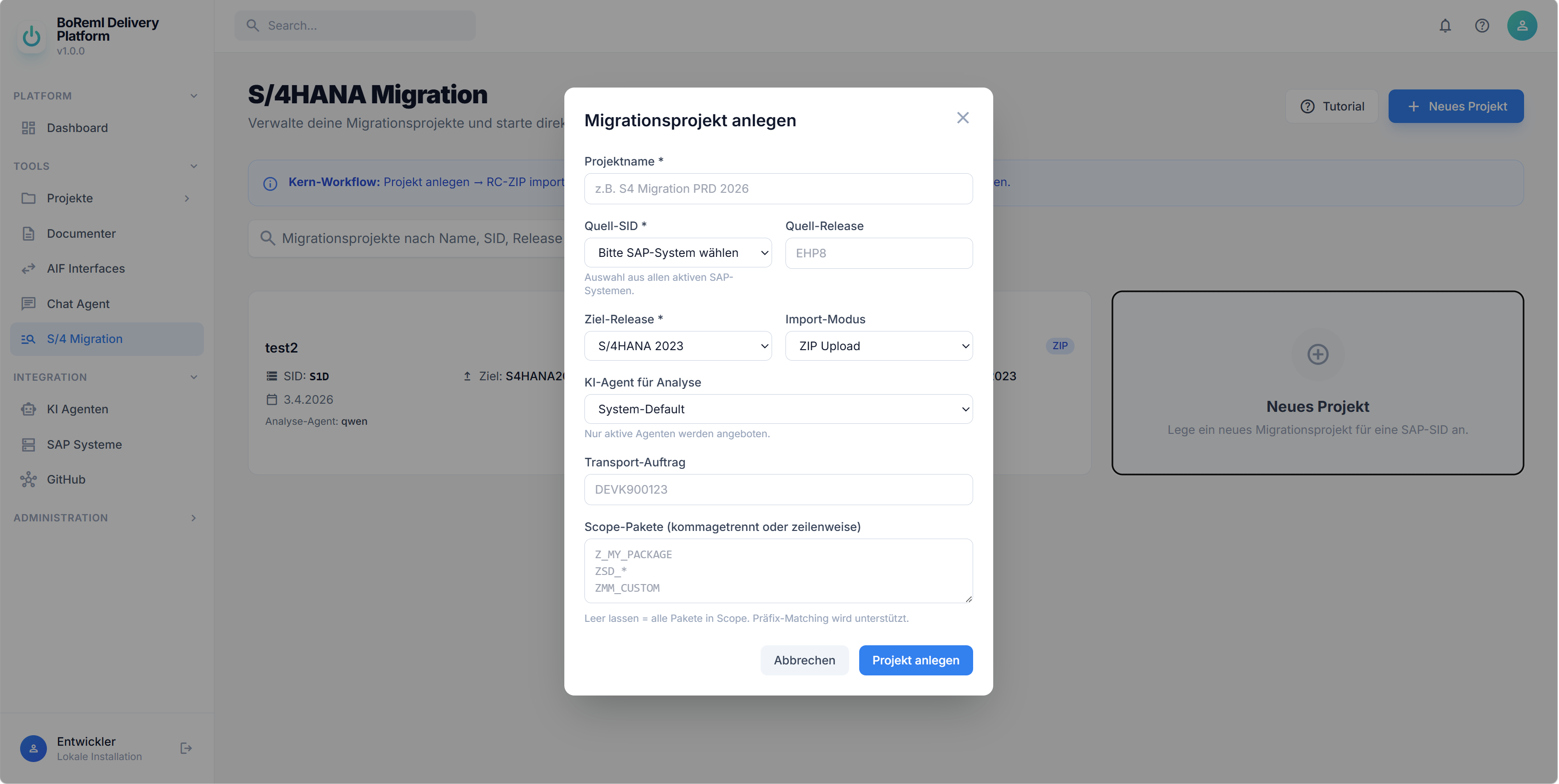 S/4 Readiness Startansicht für ein neues Migrationsprojekt